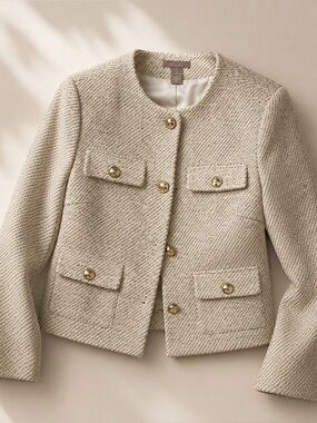 H&M Beige Tweed Cropped Jacket Gold Buttons NWT Size M